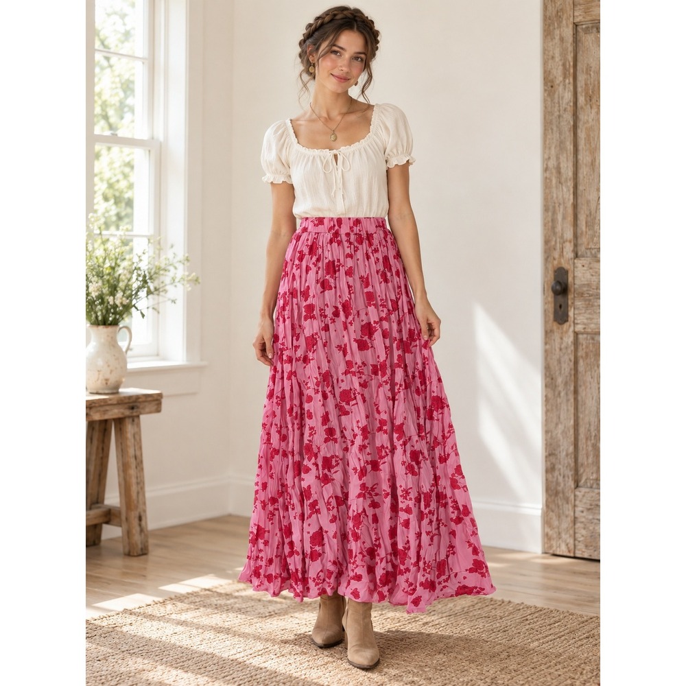 Boho Cottagecore Coquette Prairie Pink Floral Crinkle Red Roses XS Maxi Skirt